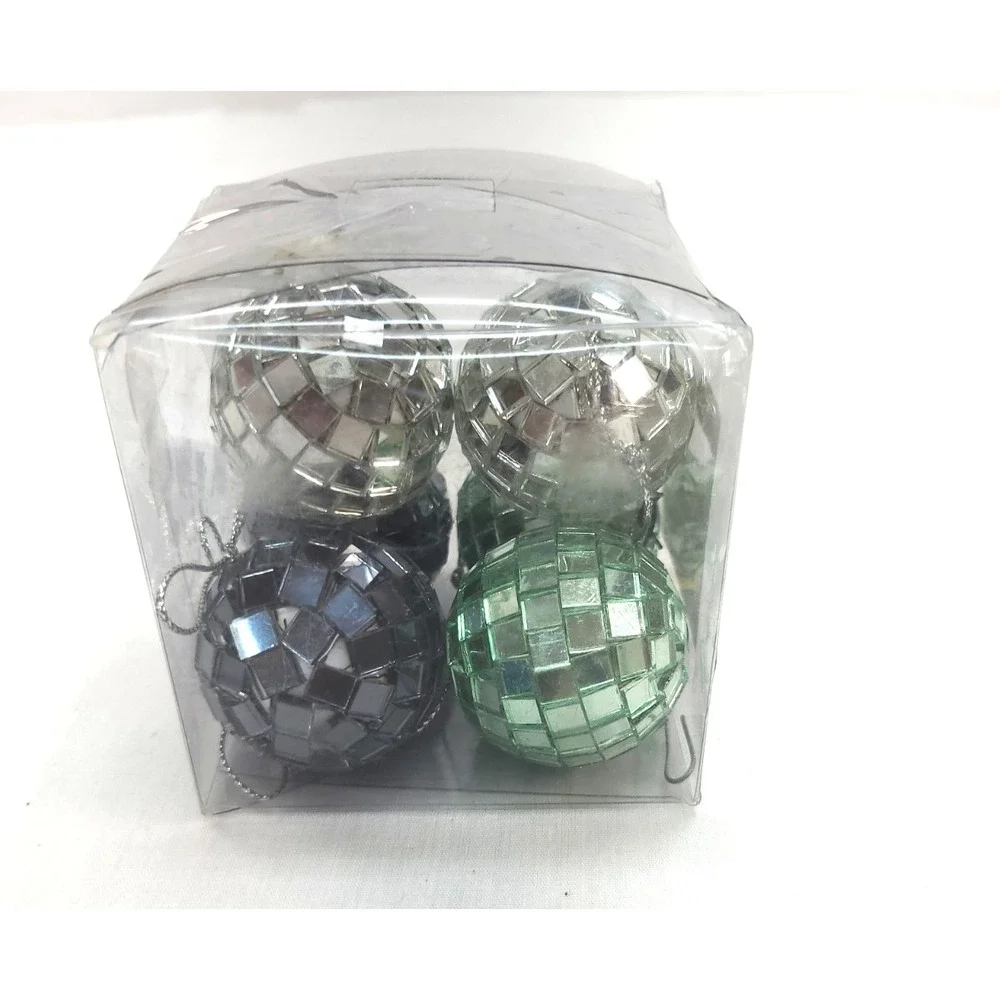 6 Mirror Ball Ornaments 2 Silver 2 Charcoal 2 Mint Green Christmas 1.5